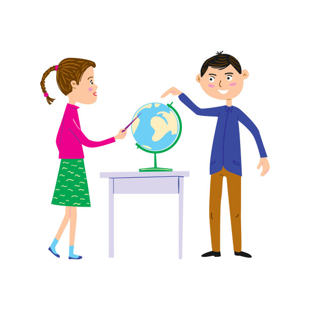 地理课上的女学生兼老师。女孩在地球上显示一个点，男人问问题。回到学校矢量插图。图片下载