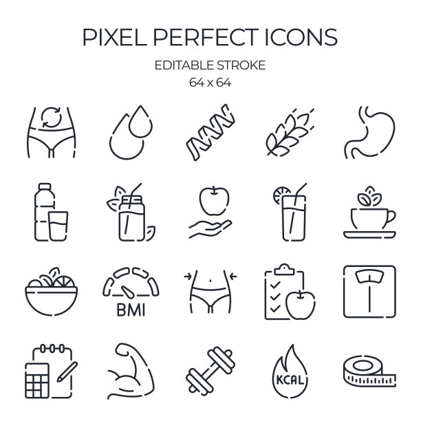 营养和卡路里计数相关的可编辑的描边轮廓图标孤立在白色背景平面矢量插图。像素完美。64 x 64。图片下载