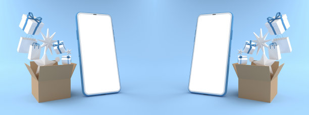 智能手机白色屏幕的3D渲染包围和纸盒与礼物。概念购物在手机上和可以填补内容在白色手机屏幕上孤立的蓝色背景图片下载