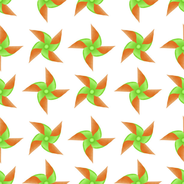 绘制绿色和橙色叶片的纸涡轮机插图，彩色叶片无缝模式的白色背景，孤立和剪切路径图片下载