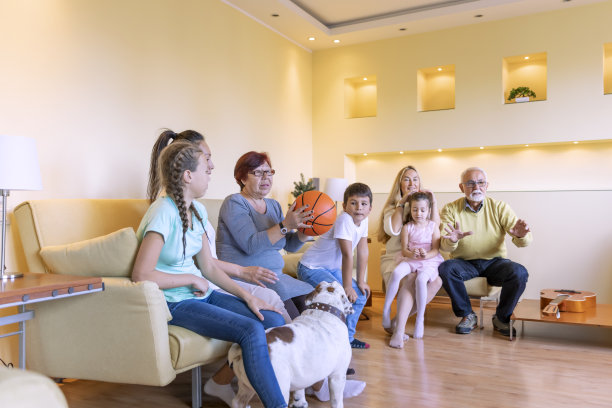 兴奋的多代同堂的家庭正在享受一场篮球比赛在家里。图片下载