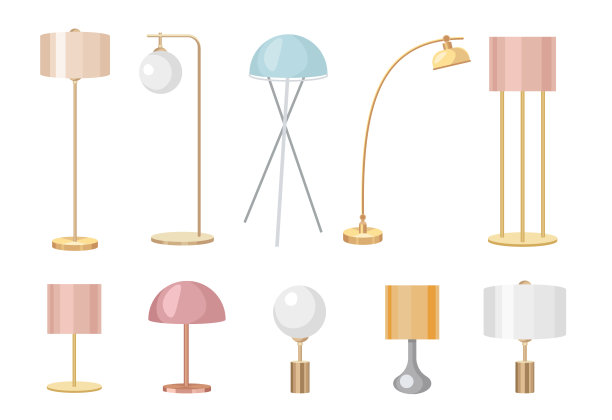 一套桌子工作灯，书桌灯泡和地板火炬的现代设计与阴影。家用装饰电器图片下载