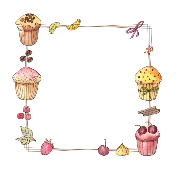 甜而优雅的框架与装饰纸杯蛋糕，香料和浆果。水彩和钢笔手绘插图。图片下载