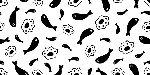 猫爪无缝图案鱼小猫脚印印花布矢量宠物围巾孤立重复背景卡通动物瓷砖壁纸插图涂鸦设计图片下载