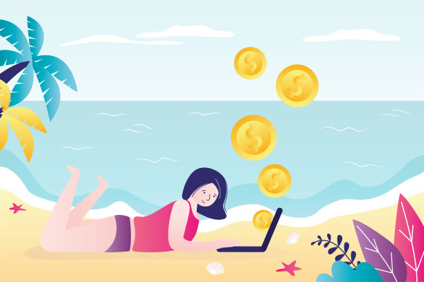 女性角色在网上赚钱。年轻的女商人用手提电脑工作。经济自由，在海滩上远程工作。图片下载