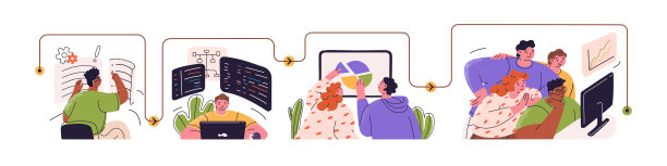 在看板板和scrum会议上从事开发项目的人员。业务中工作流管理方法的概念。彩色平面图形矢量插图孤立在白色背景。图片下载