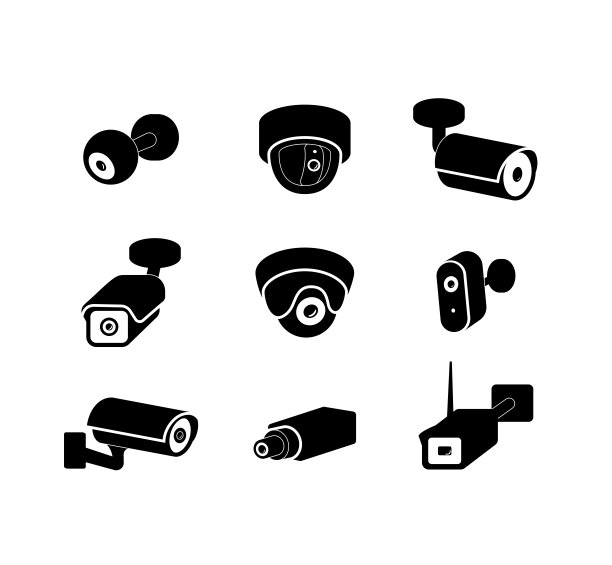 视频监控闭路电视摄像头黑色图标设置，矢量插图孤立。图片下载