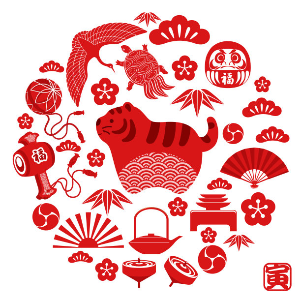 虎年和其他日本古董幸运符庆祝新年。图片下载
