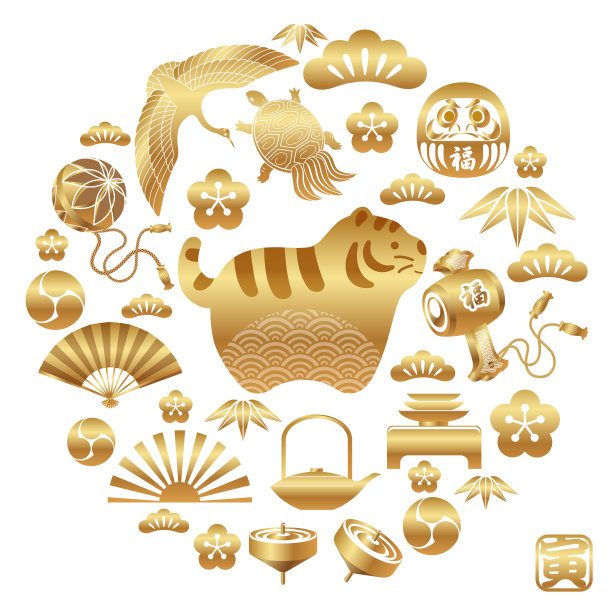 虎年黄金图标和其他日本古董幸运符庆祝新年，矢量插图孤立在一个白色的背景。图片下载