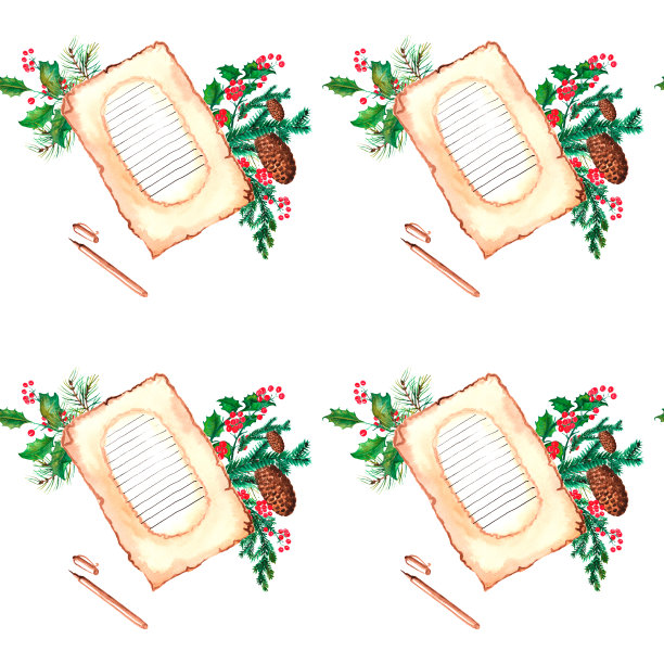 水彩图案，无缝纸，礼品包装，礼品，冬兔背景，圣诞树。节日，蜡烛，灯笼，云杉。图片下载