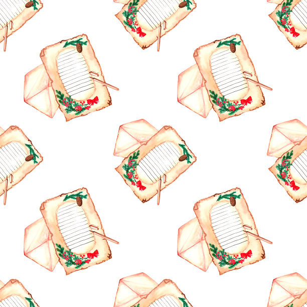 水彩图案，无缝纸，礼品包装，礼品，冬兔背景，圣诞树。节日，蜡烛，灯笼，云杉。图片下载