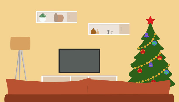 客厅内部有圣诞树，装饰品，礼品盒，沙发和电视机图片下载