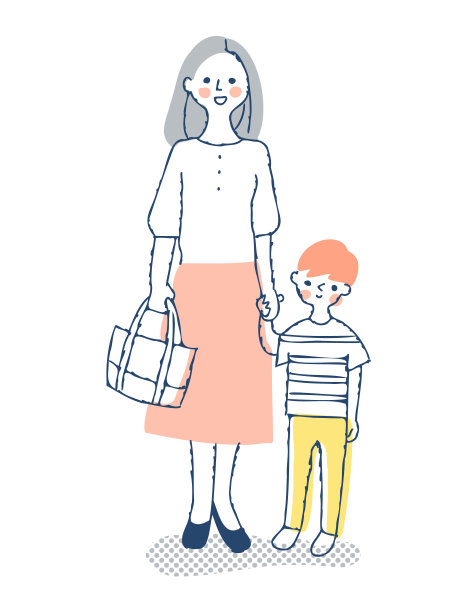 母亲和男孩手牵手站着图片下载