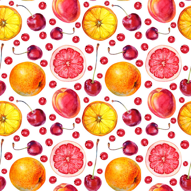 无缝图案水彩柑橘圆片橙，柚子，杏，红樱桃和醋栗的白色。手绘夏季甜食水果，浆果背景菜单，包装，卡片图片下载