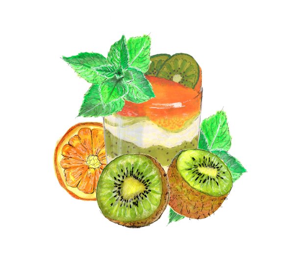 冰沙和水果的成分。杯子里有冰沙、猕猴桃、薄荷和橙子。水彩手绘插图，孤立，白色背景图片下载