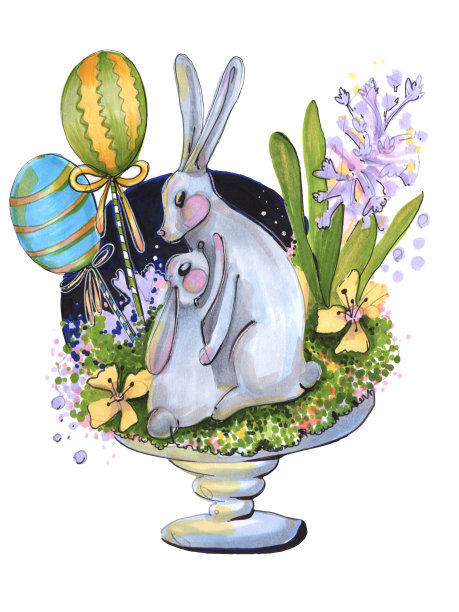 手绘素描插画室内装饰两只兔子妈妈和儿子的节日复活节花瓶的情节图片下载