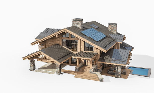 白色背景上的现代舒适小木屋3D渲染图片下载