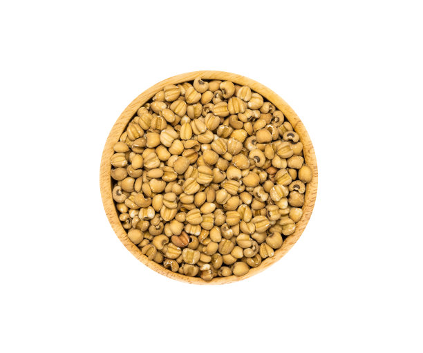 白底木碗里的未煮干的约伯眼泪，俯视图图片下载