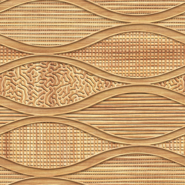 雕刻木材背景与波浪图案，无缝纹理，拼接图案，3d插图图片下载