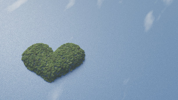 一个覆盖着树木的心形岛屿。从天空看。3 d渲染。图片下载