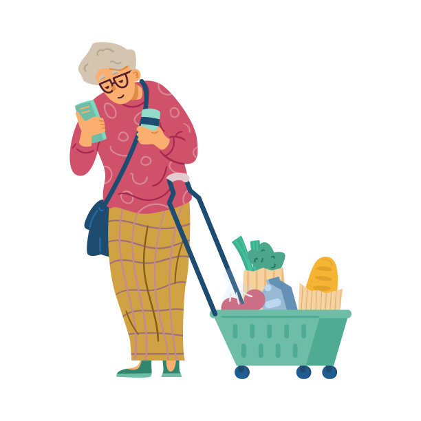 老妇人把购物篮放在轮子上图片下载