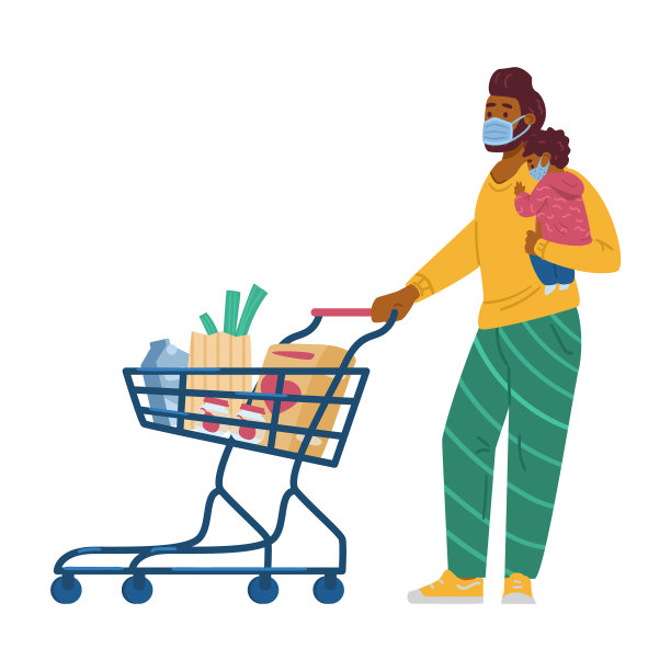 疫情期间，父亲和孩子戴着口罩购物图片下载