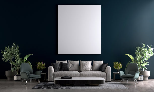 现代舒适的客厅内饰和皮革沙发和蓝色墙壁纹理背景图片下载