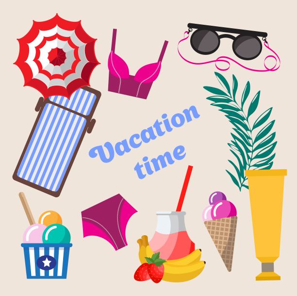 夏季款式的沙滩休闲用品有帽子、雨伞、眼镜等。无缝的向量的背景。图片下载