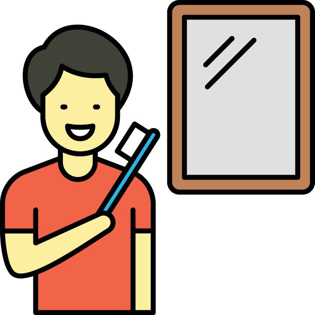 清晨刷牙的概念，人拿着刷子与看镜向量颜色图标设计，日常生活符号，日常日常生活标志，日常生活活动的股票插图图片下载