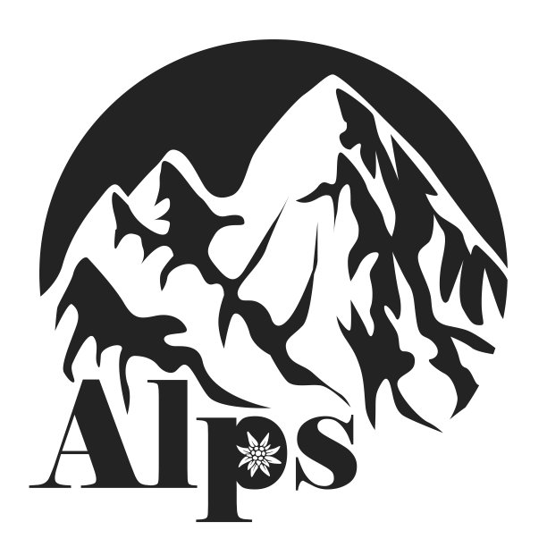 阿尔卑斯山。欧洲阿尔卑斯山的山峰。群山环行，题字“阿尔卑斯山”上开着雪绒花。图片下载