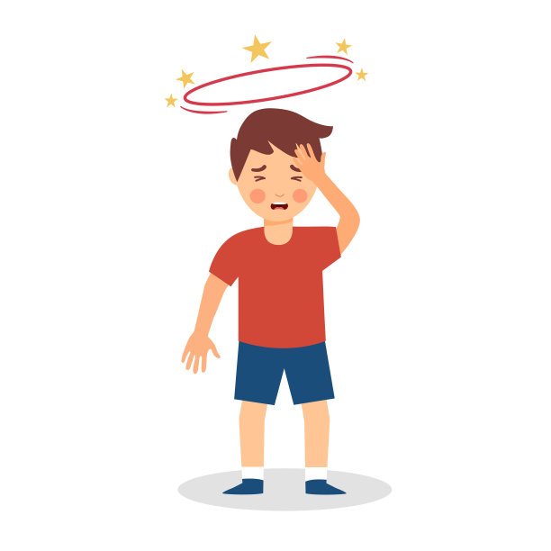 生病的孩子在白色背景上的平面设计中感到头晕。头顶旋转星星的不舒服男孩。图片下载