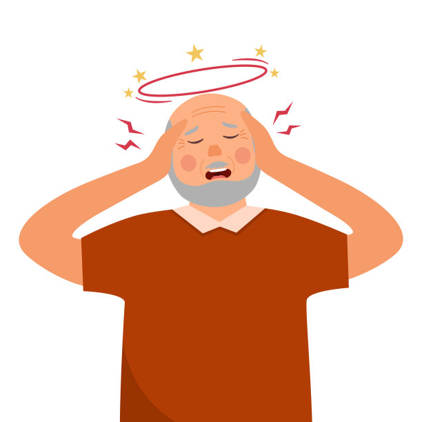 在白色背景上的平面图案中，有头痛和晕眩症状的患病老人。老人感到头晕。眩晕疾病。图片下载