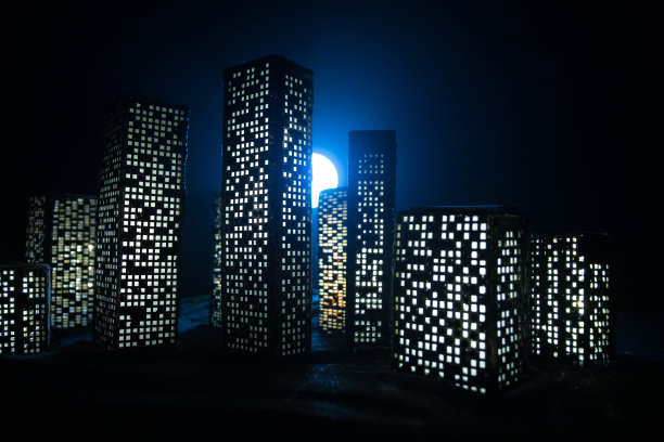 卡通风格的城市建筑。现实的城市建筑微缩灯。背景。图片下载