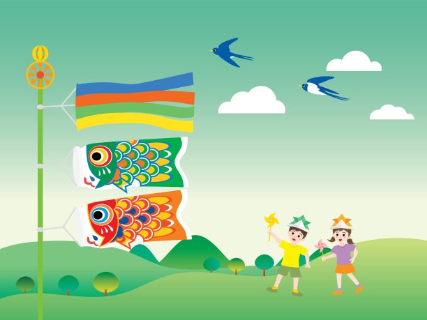 在儿童节的背景插图游动鲤鱼飘带和山。图片下载