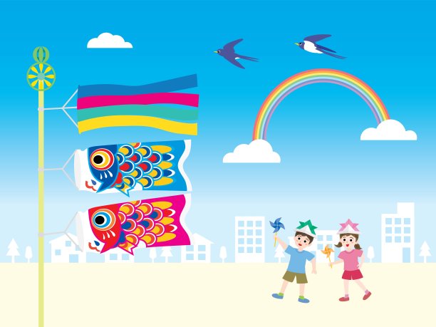 在儿童节那天，镇上的鲤鱼彩带和孩子们的景色。图片下载