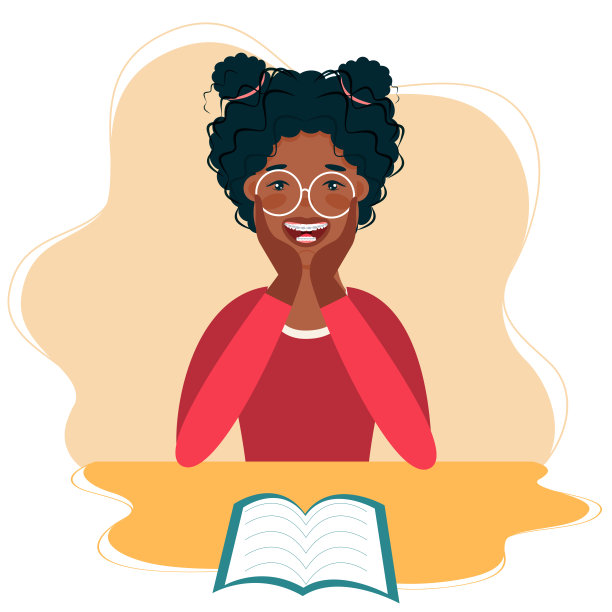 快乐女孩做了一个家庭作业。学习。的孩子。卡通平面矢量插图图片下载