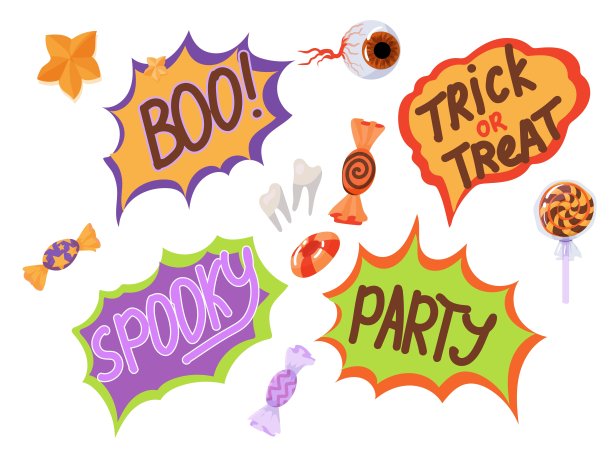 糖果，服装，魔法和令人毛骨悚然的物品。一套大型的元素庆祝万圣节。矢量插图孤立在白色背景。图片下载