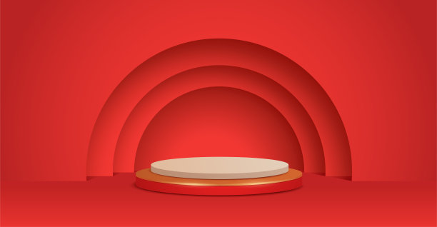 春节红金主题裙房场景3D插画，以东方喜庆元素的纸质图形风格为背景进行产品展示。宽阔的设计复制空间。“n”n图片下载