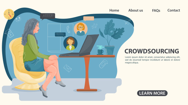 一个女孩坐在椅子上，在互联网上讲解众包网页和网站设计的概念图片下载
