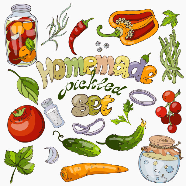 罐头蔬菜和配料的腌制食品与一个有趣的题字。向量组图片下载