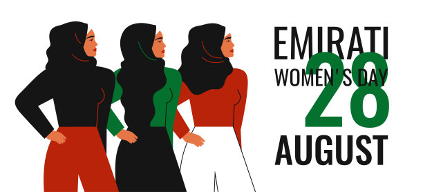 阿联酋妇女节贺卡。穆斯林母亲与孩子、女商人和戴着头巾的阿拉伯女孩站在一起。矢量插图。图片下载