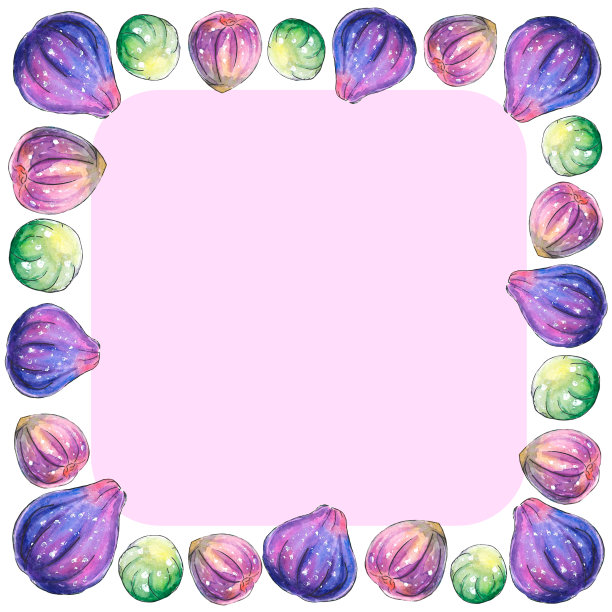 方形框架，边界水彩无花果。手绘装饰明快，浆果、水果形象，速写风格。用于食品设计、包装图片下载