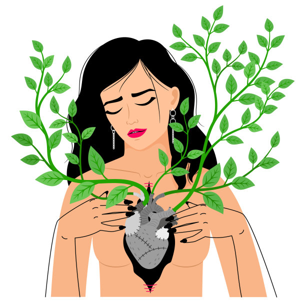 心在胸膛。卡通解剖器官，分枝和绿叶图片下载