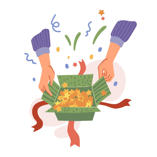 拆开装满五彩纸屑的节日礼物，庆祝特殊的节日活动，制造惊喜。生日或纪念日，圣诞节或情人节。矢量在平面卡通风格的插图图片下载
