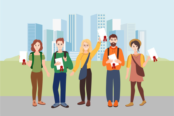 快乐的毕业生们正站在一个大城市的背景下，手里拿着文凭。矢量插图。图片下载