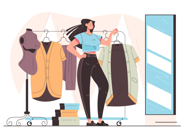 女人消费者性格试着布衣和照镜子。矢量平面现代风格的图形说明图片下载
