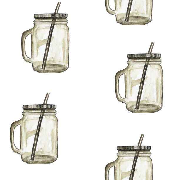 在白色背景上重复棕色玻璃泥瓦罐的纹理。水彩手绘插图。完美的数字纸，壁纸，包装。水彩画收集罐。图片下载