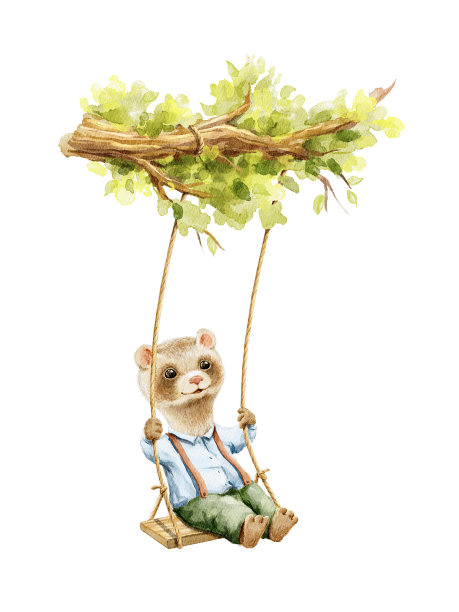 水彩插图与雪貂在工装裤上骑在秋千上图片下载