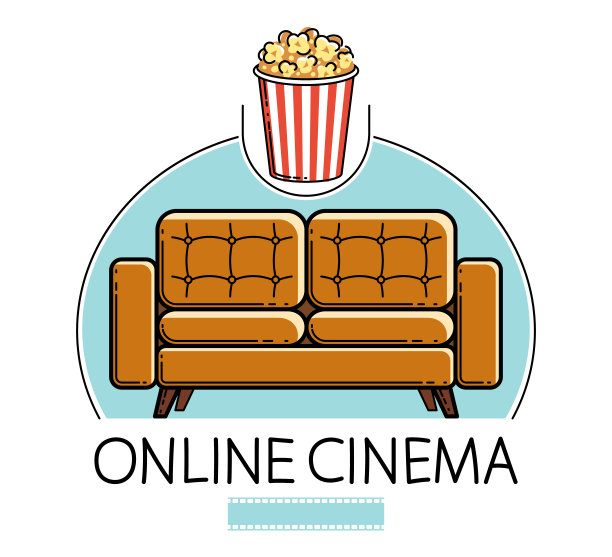 家庭休息在线影院沙发和爆米花矢量标志或插图孤立在白色，呆在家里的概念，家庭周末，观看视频。图片下载