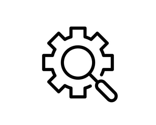 设置搜索线性图标。粗线说明。带有齿轮轮廓符号的放大镜。矢量孤立轮廓图图片下载